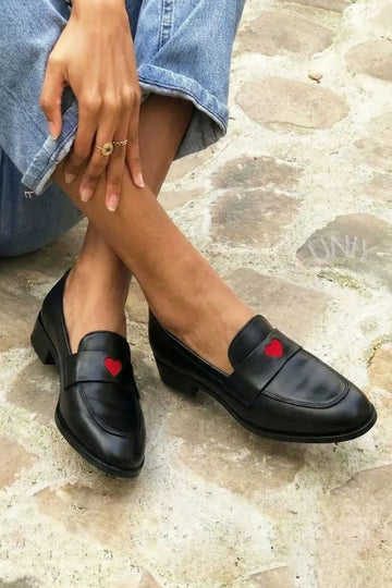 Classic Black Leather Heart Detail  Flat Casual Loafers