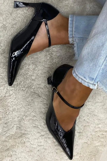 Ankle Strap Buckle Pointy Toe Patent Leather Black Stiletto Heels