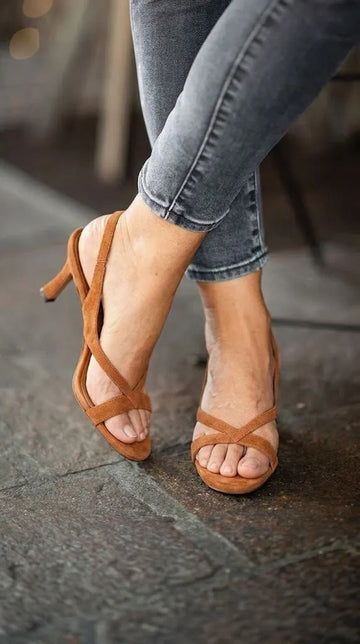 Criss Cross Open Toe Slingback Tan Kitten Heels