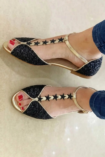 Glitter Star Open Toe T-Strap Black Flat Sandals