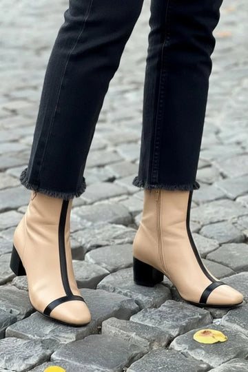 Round Toe Colorblock Side Zip Versatile Block Heel Ankle Boots