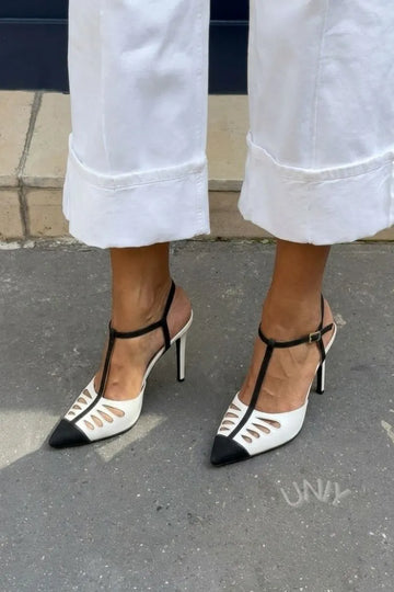 Chic Black White Pointed Toe Cutout T Strap Stiletto Heels