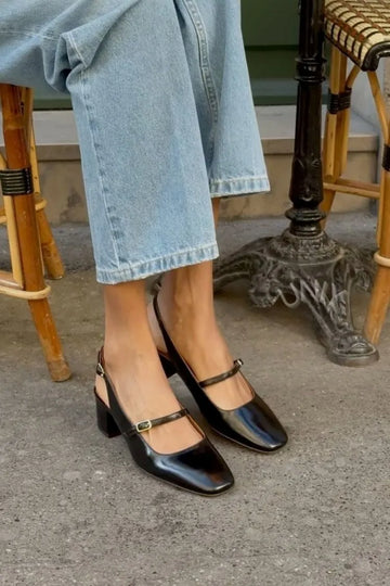 Black Square Toe Block Heel Mary Jane Slingback Pumps