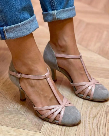 Gray Suede Pink T-Strap Mary Jane Kitten Heel Pumps