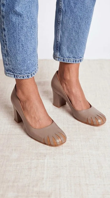Two Tone Cutout Almond Toe Slip On Taupe Chunky Heels