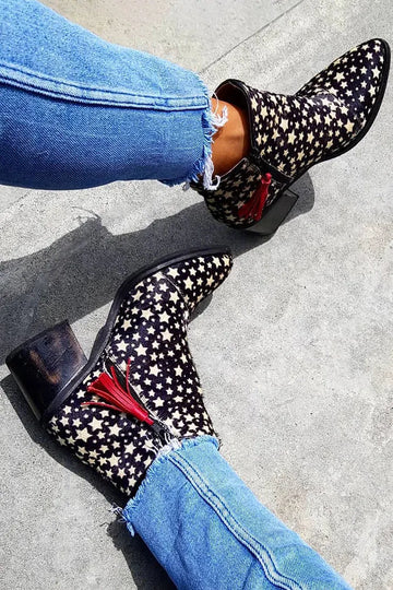 Star Pattern Tassel Pointed Toe Black Western Boots