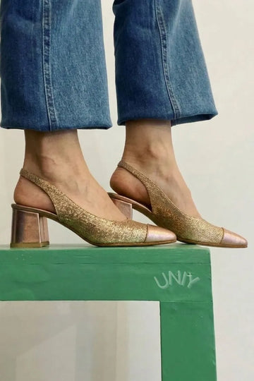 Gold Shimmer Pointed Toe Cap Toe Slingback Block Heels