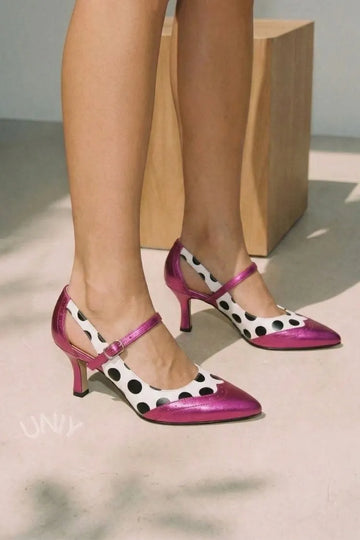 Polka Dot Metallic Fuchsia Mary Jane Pointed Toe Heels