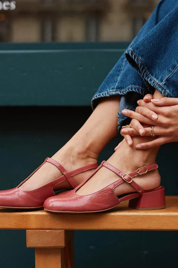 T-Strap Buckle Round Toe Slingback Red Low Block Heels