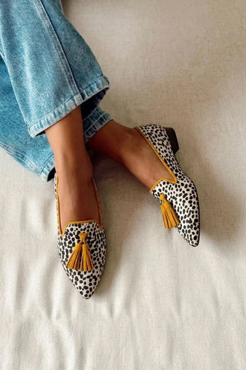 Black & White Spotted Yellow Tassel Pointed Toe Loafers