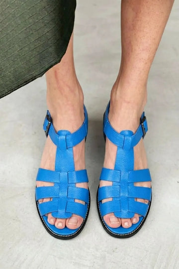 Bright Blue Pebble Leather T-Strap Caged Fisherman Sandals