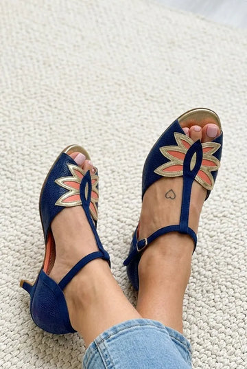 Navy Blue Petal Peep Toe T-Strap Kitten Heels
