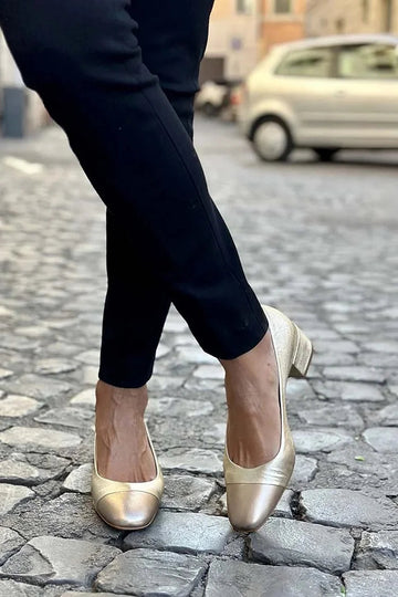 Patchwork Metallic Sheen Round Toe Gold Low Heels