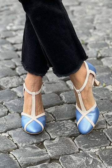 T-Strap Buckle Colorblock Patchwork Blue Kitten Heels