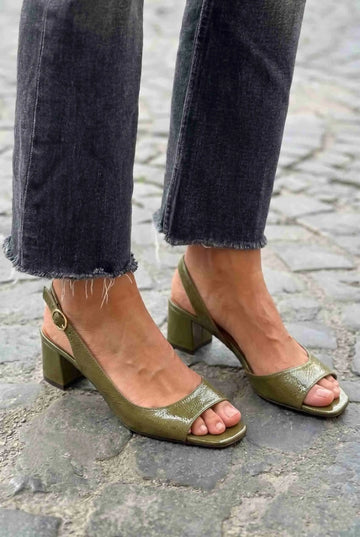 Patent Leather Open Toe Slingback Olive Block Heels