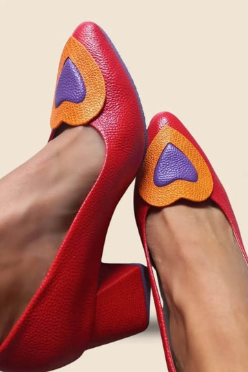 Colorblock Heart Appliqué Textured Leather Block Heels
