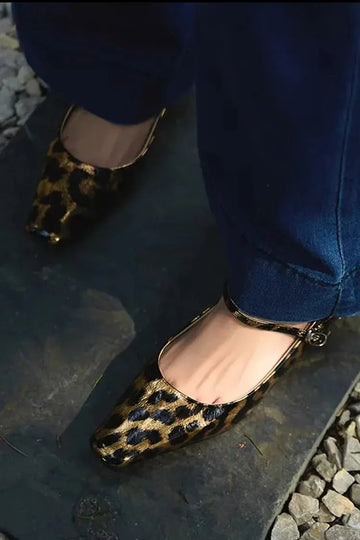 Leopard Print Instep Strap Buckle Square Toe Kitten Heels