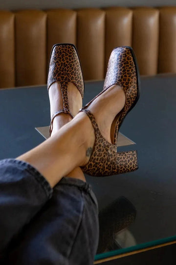 Leopard Print T-Strap Buckle Square Toe Brown Chunky Heels