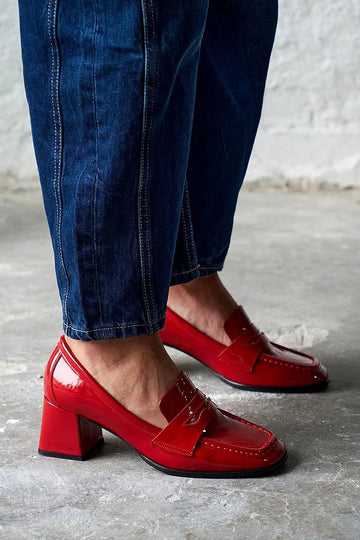 Solid Color Patchwork Square Toe Red Chunky Heels