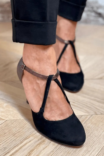Velvet Leather Contrast T-Strap Almond Toe Heels