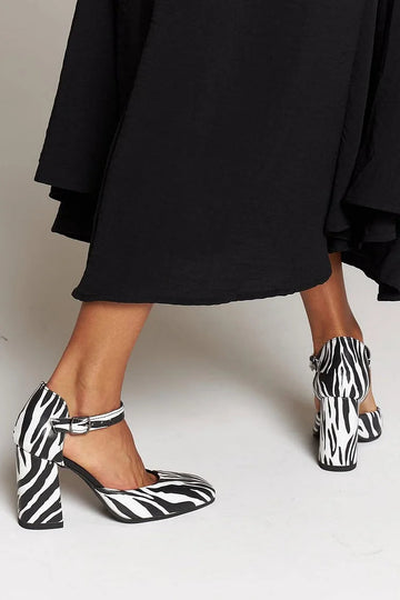 Zebra Print Ankle Strap Buckle Square Toe White Chunky Heels