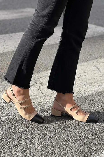 Colorblock Slingback Instep Straps Buckles Khaki Chunky Heels