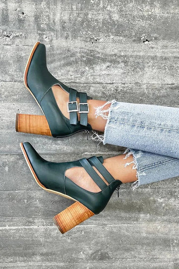 Two Straps Buckles Pointed Toe Dark Green Ankle Boots