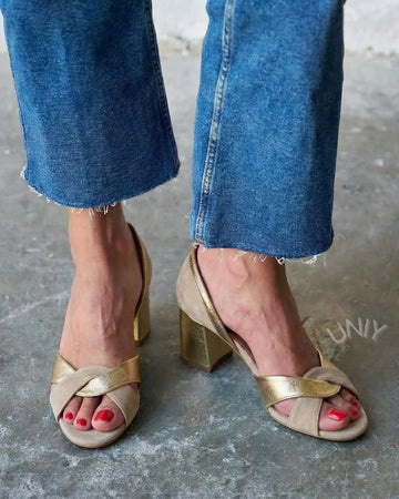 Chic Colorblock Faux Suede Metallic Block Heel Sandals