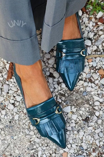 Dark Green Patent Leather Pointed Toe Horsebit Kiltie Loafers