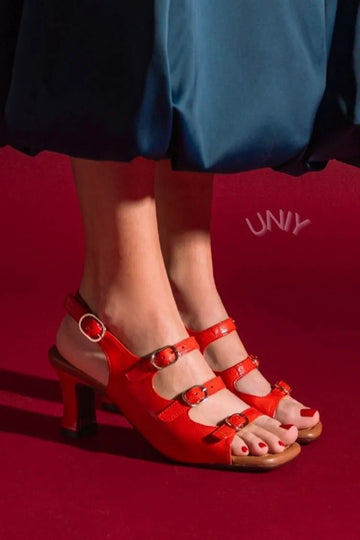 Vintage Red Multi Strap Buckle Open Toe Block Heels