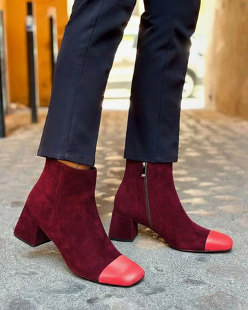 Colorblock Ankle Boots Square Toe Block Heel Zipper Booties