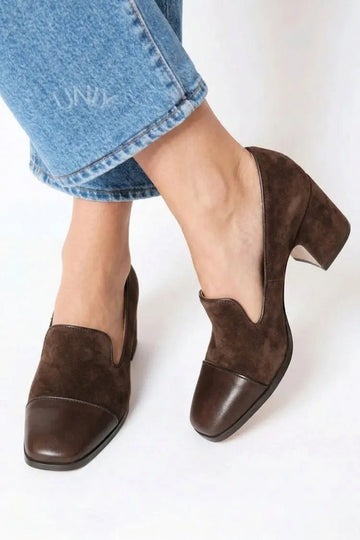 Brown Suede Leather Contrast Square Toe Block Heels