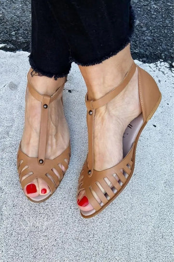 Classic Brown Cutout T-Strap Open Toe Flat Sandals