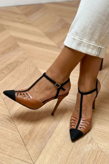 Vintage Two-Tone Leather Suede Patchwork T-Strap Heels
