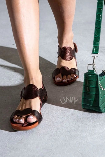 Vintage Bronze Metallic Circular Strap Peep Toe Flat Sandals
