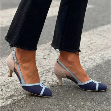 Elegant Navy Color Block Round Toe Kitten Heels