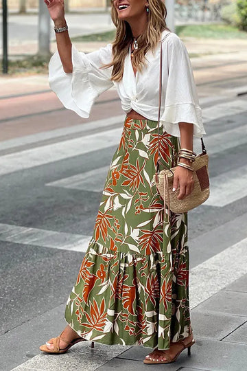 Flower and leaf pattern retro ah pleated skirt