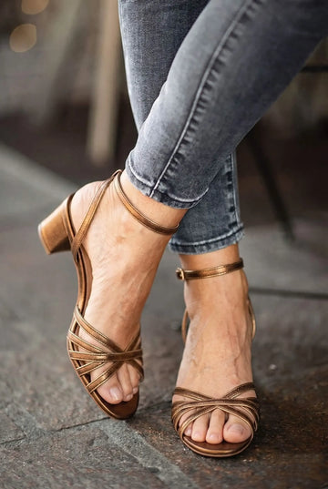 Metallic Strappy Open Toe Ankle Strap Bronze Block Heels