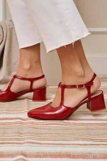 Glossy Red Patent T-Strap Block Heels