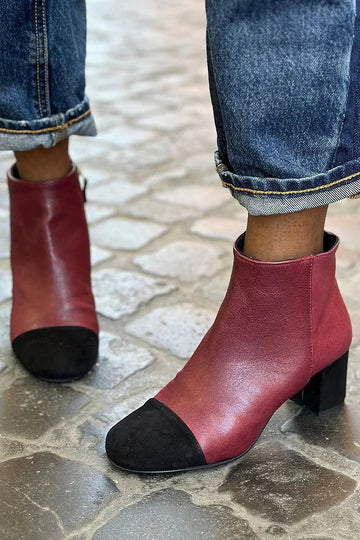 Colorblock Round Toe Chunky Heel Burgundy Ankle Boots
