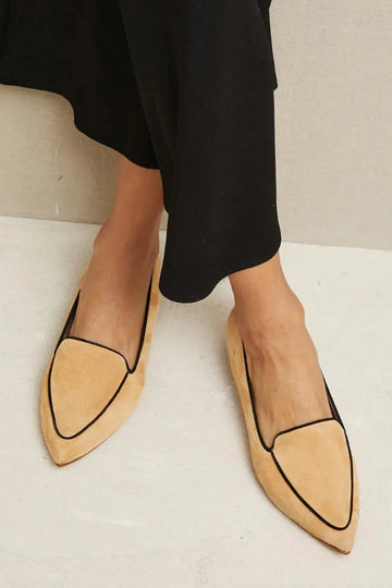 Tan Suede Pointed Toe Black Trim Flat Loafers