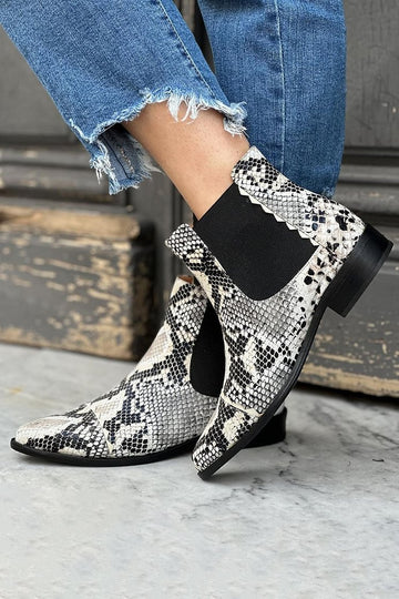 Snake Print Pointed Toe Patchwork Gray Ankle Boots
