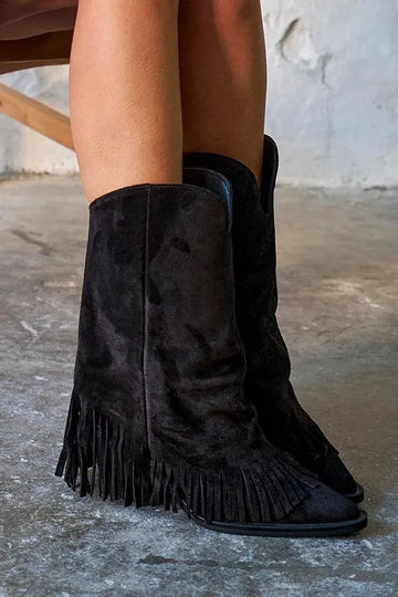 Fringed Trim Fold Over Pointed Toe Black Western Boots