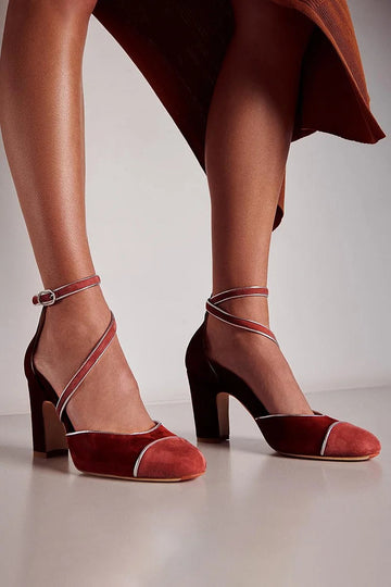 Round Toe Patchwork Ankle Strap Buckle Burgundy Chunky Heels