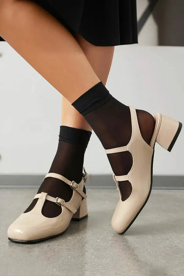 Instep Straps Buckles Solid Color Square Toe Slingback Chunky Heels