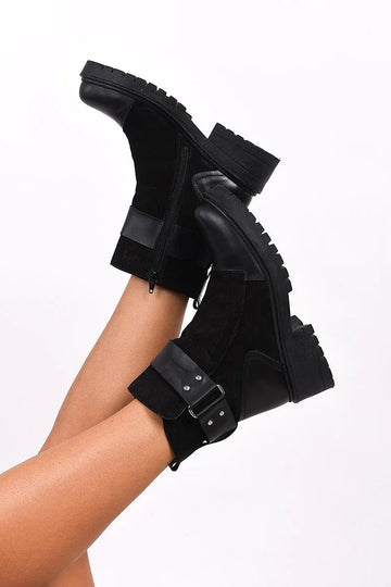 Patchwork Zipper Round Toe Chunky Heel Black Ankle Boots
