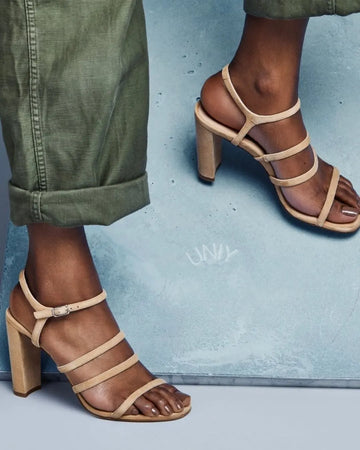 Elegant Nude Suede Multi Strap Block Heel Ankle Sandals