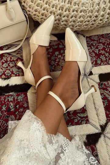 Pointed Toe Ankle Strap Buckle Beige Stiletto Heels