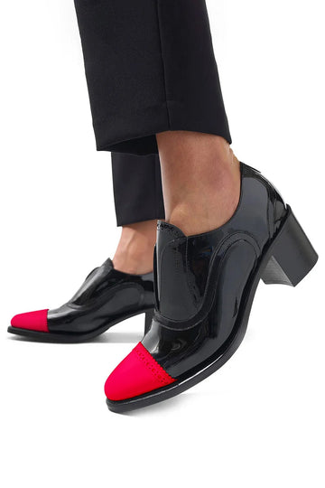 Colorblock Patchwork Pointed Toe Black Chunky Heels