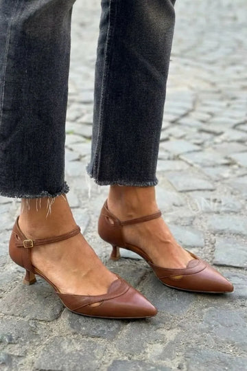Chic Brown Leather Pointed Toe Ankle Strap Kitten Heels